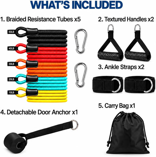 Resistance Bands with Handles, 150 LBS Stackable Heavy Duty Resistance Tubes, 11-Piece Home Gym Exercise Set with Door A
