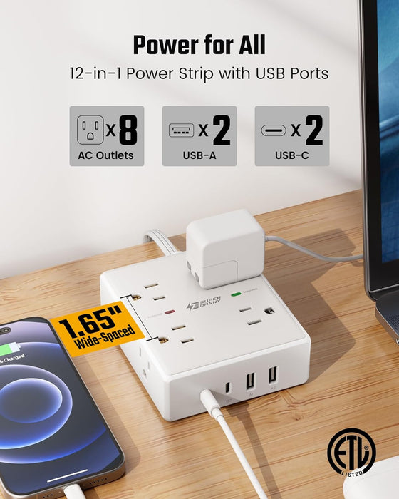 Extension Cord,Flat Plug Surge Protector Power Strip,10Ft