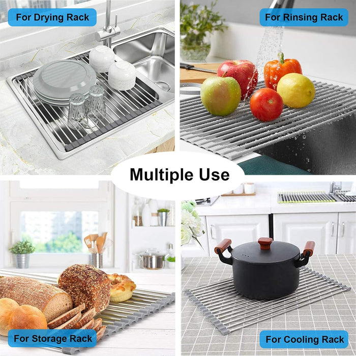 Over the Sink Dish Drying Rack, Roll up Sink Dish Drainer Rack Foldable Kitchen Stainless Steel Dish Rack Sink Drying Ra
