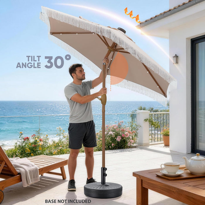 7.5FT Fringe Patio Outdoor Umbrella with LED Solar Lights