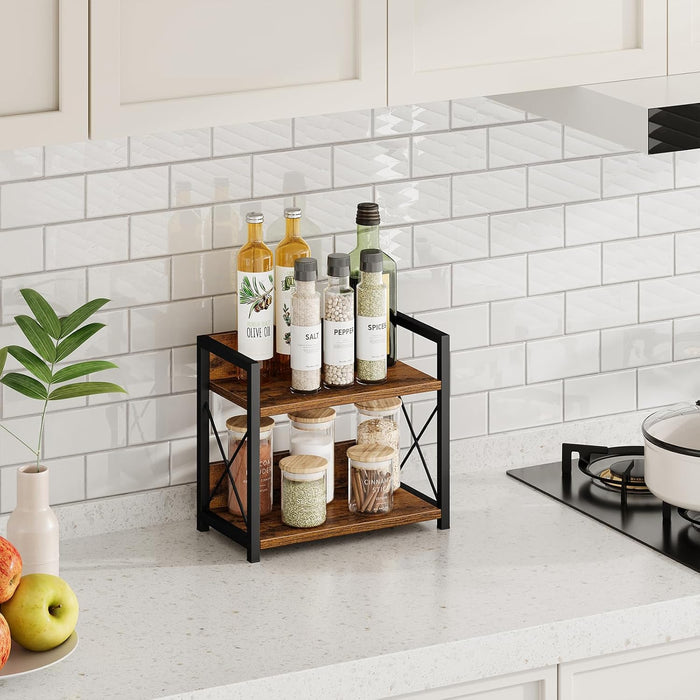 Countertop Shelf Organizer, 2 Tier Kitchen Spice Rack for Countertop, Wood Coffee Counter Shelf Organizer for Home (Brow