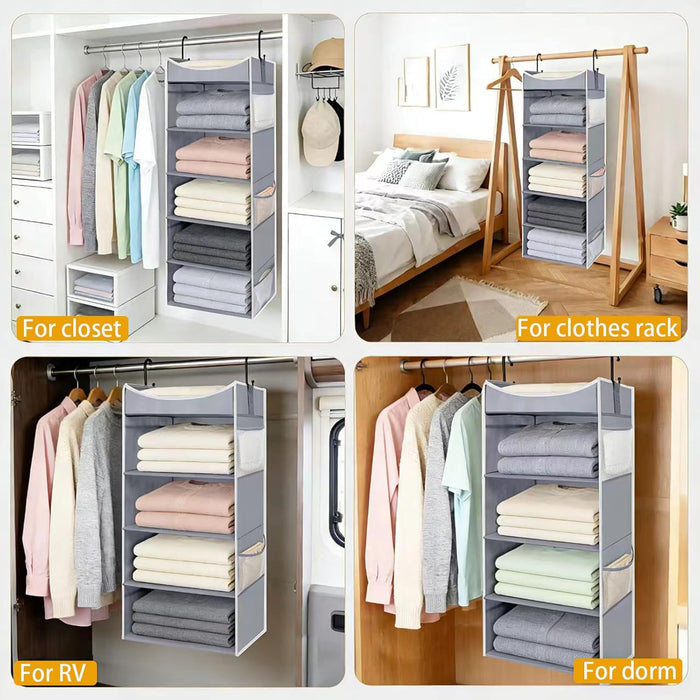 5-Shelf Hanging Closet Organizer and Storage with Side Pockets, Collapsible Closet Hanging Shelves for Storage, Grey
