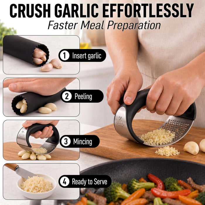 Stainless Steel Garlic Press Rocker Set - Premium Garlic Mincer Garlic Crusher - New Innovative Garlic Crusher with Peel