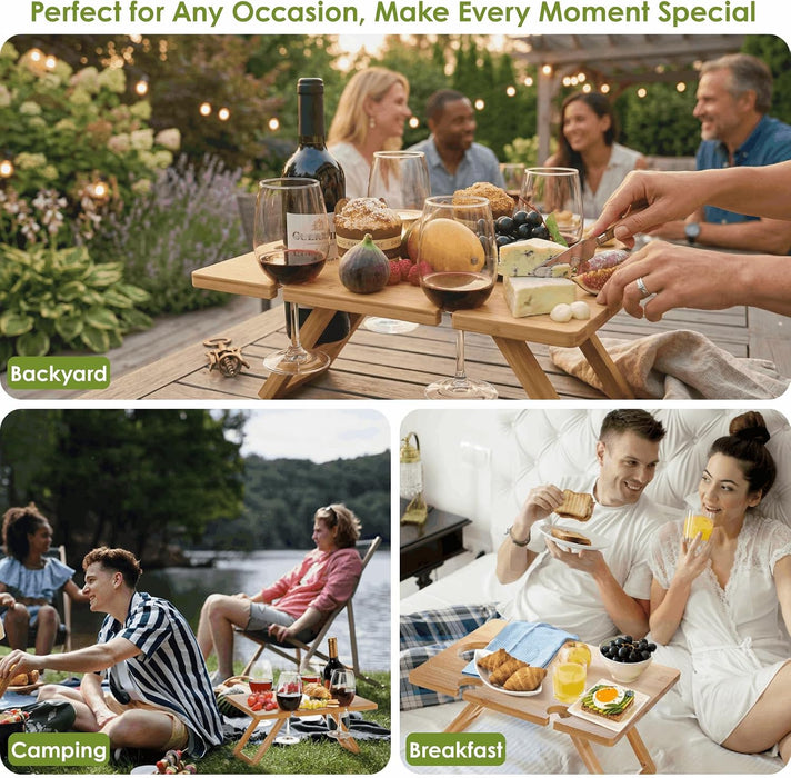 Portable Wine Picnic Table with 5 Wine Glasses Holder, Foldable Champagne Picnic Snack Table, Wine and Cheese Table for Picnic, Camping, Park, Beach, Wine Lover Gift