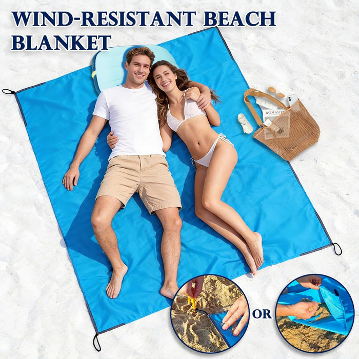 Beach Blanket Sandproof Waterproof, Extra Large Beach Mat w/Stakes, Oversized & Compact Sand Free, Quick Drying Pocket P