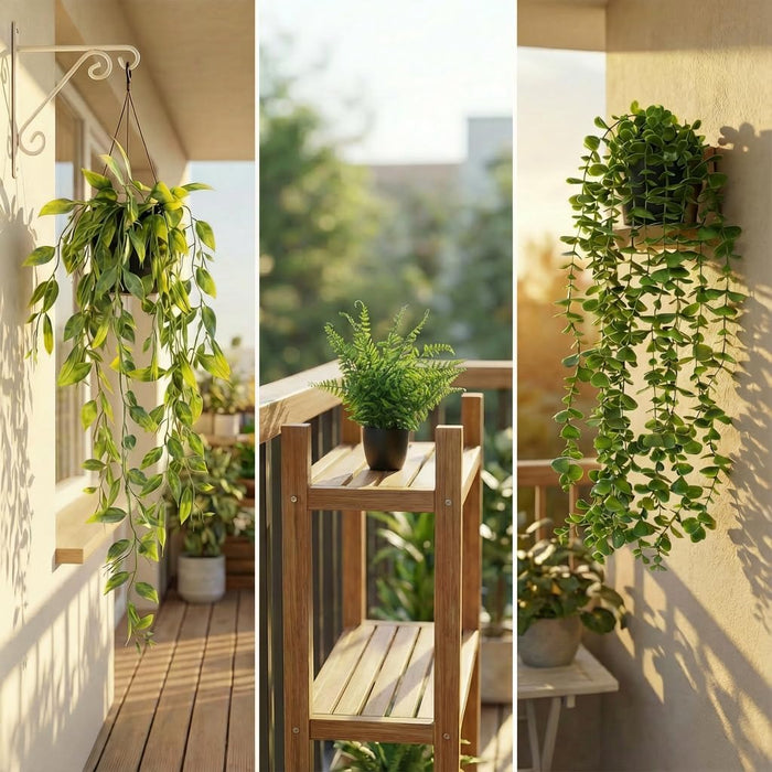 5 Pack Fake Plants - Artificial Hanging Plants & Small Potted Faux Eucalyptus Fern Ivy, UV Resistant Maintenance-Free, f