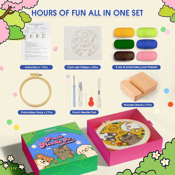 2PCS Punch Needle Decoration Kit,Easy DIY Punch Needle Embroidery Kit for Beginners Adults Including Patterns, Tools, Yarns, Hoop, Instruction, Bracket Art Craft Supplies