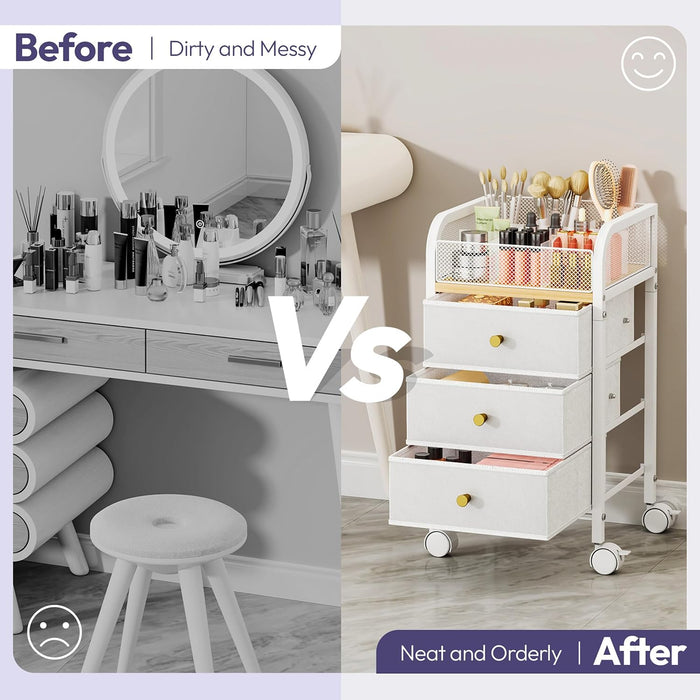Rolling Makeup Organizer Cart - Under Desk Vanity Makeup Storage with 3 Non-woven Drawers, Nail Cart Organizer Cosmetic Display Cases Cabinet for Skin Care Perfume Nail Polish Brush Hair Tool