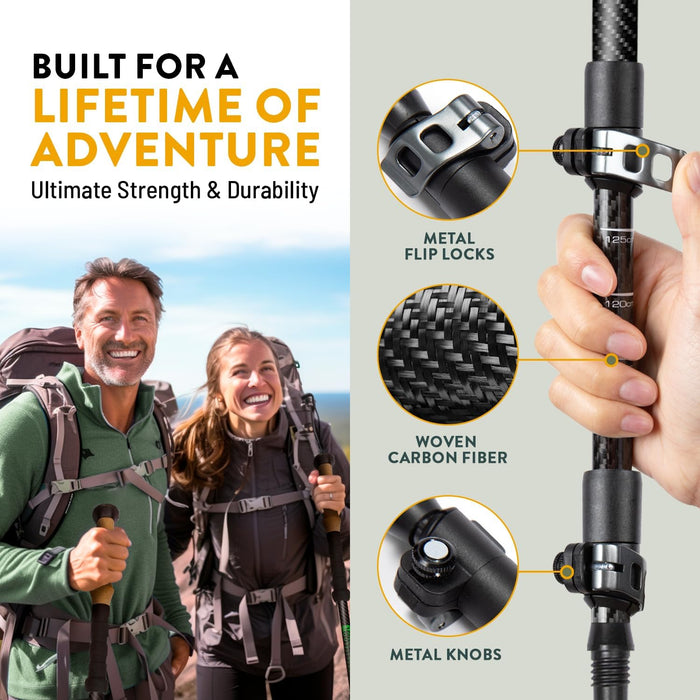 100% Carbon Fiber Trekking Poles by USA Brand - Ultra Strong Lightweight Collapsible Hiking Poles with Cork and EVA Foam