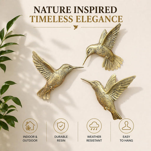3D Hummingbird Wall Decor Set - Brass Resin Bird Wall Decor for Living Room, Bedroom and Gallery Walls - Vintage Gold - Set of 3