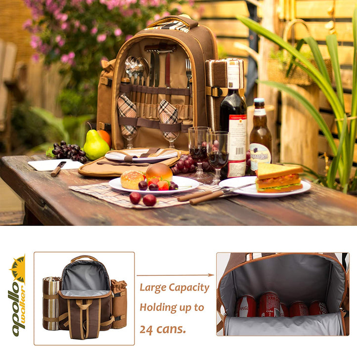 Picnic Backpack, 4-Person with Blanket & Wine, Family & Lovers Gift, Brown
