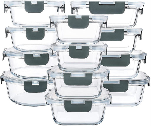 24 Piece Glass Food Storage Containers with Lids,Gray
