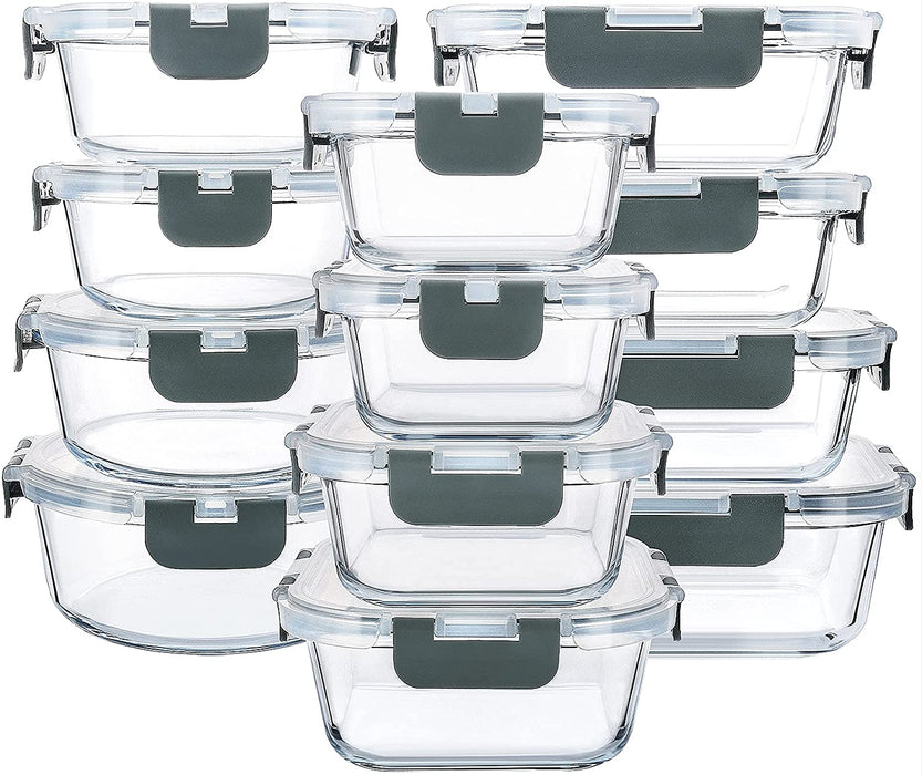 24 Piece Glass Food Storage Containers with Lids,Gray