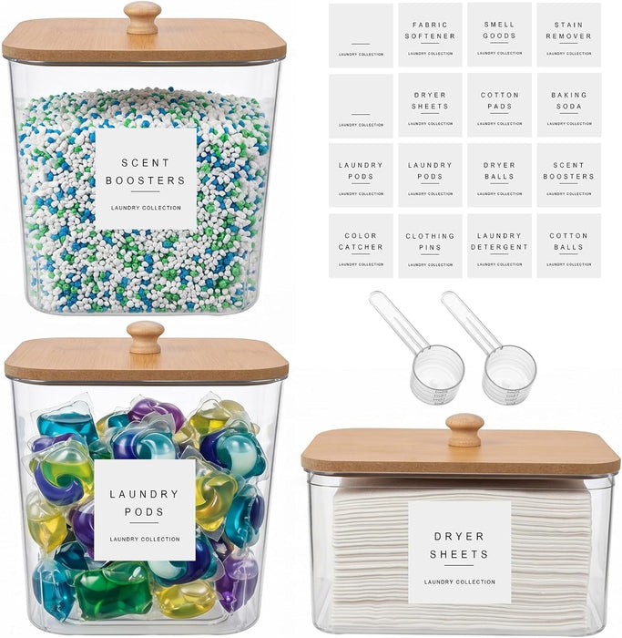 3 Pack Laundry Pod Containers and Dryer Sheet Holder, Laundry Room Organization Storage Containers with Lids and Labels 