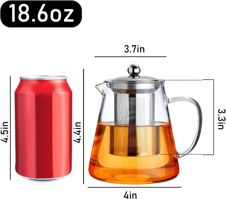 Glass Teapot Stovetop 18.6 OZ, Borosilicate Clear Tea Kettle with Removable 18/8 Stainless Steel Infuser, Teapot Bloomin