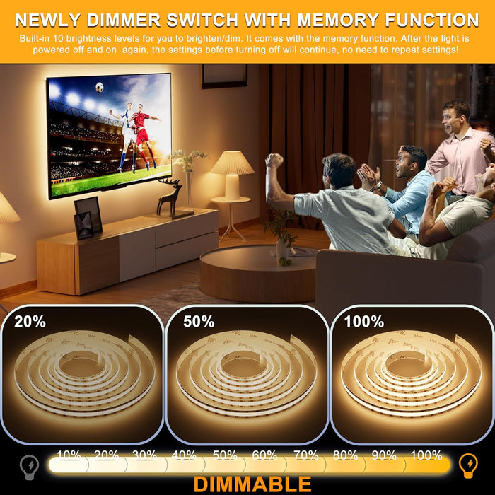 COB LED Strip Lights 5V USB Powered Dotless Super Bright Dimmable LED Lights 3000K Warm White 6.56ft TV Backlights,Flexible 3M Adhesive Under Cabinet Light for Bedroom,Kitchen,Shelf Lighting