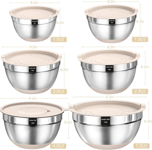 Mixing Bowls with Airtight Lids Set, 26PCS Stainless Steel Khaki Bowls with Grater Attachments, Non-Slip Bottoms & Kitch