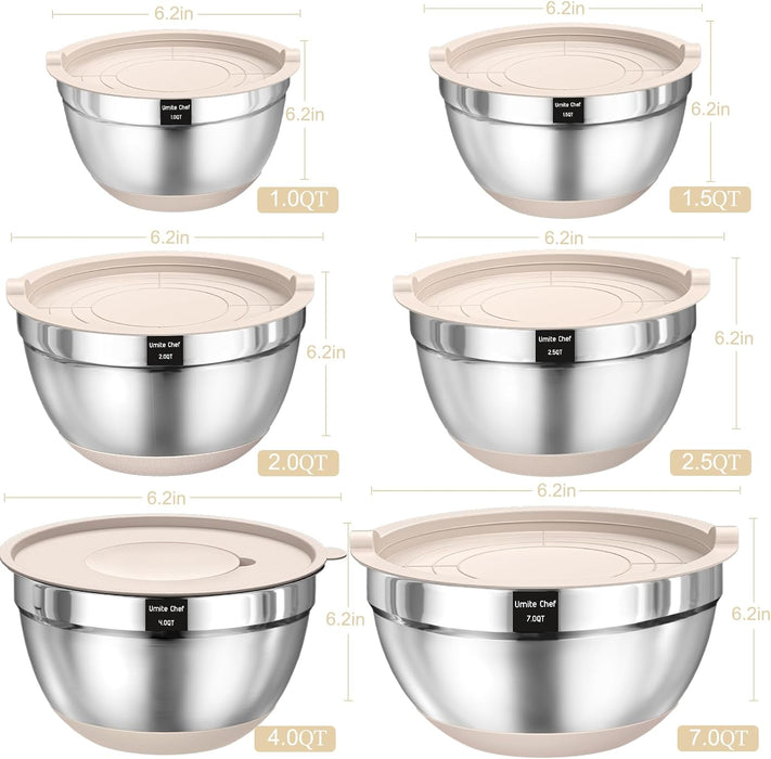 Mixing Bowls with Airtight Lids Set, 26PCS Stainless Steel Khaki Bowls with Grater Attachments, Non-Slip Bottoms & Kitch