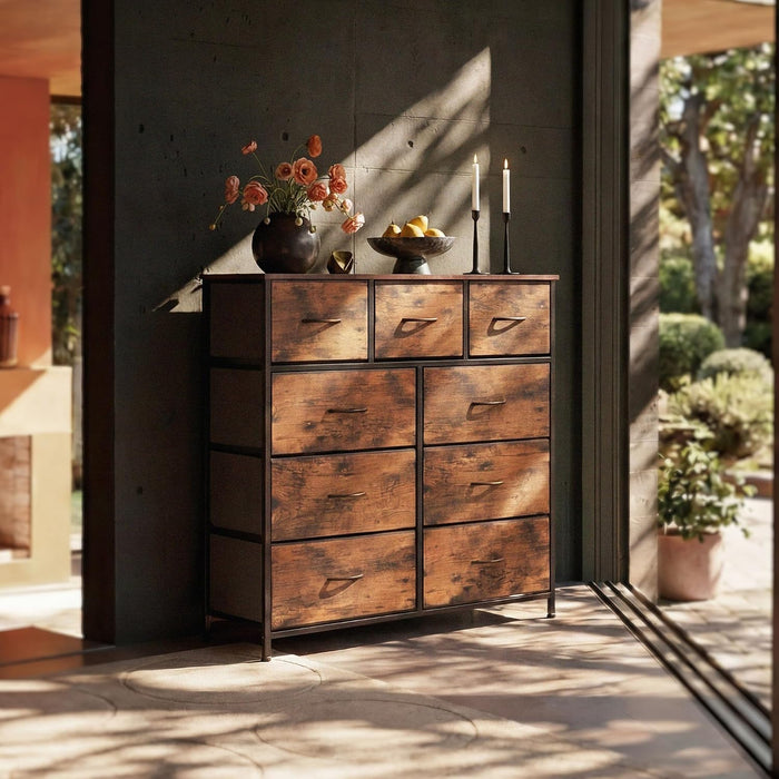 Tall Dresser for Bedroom, 9 Drawer Chest of Drawers, Rustic Brown