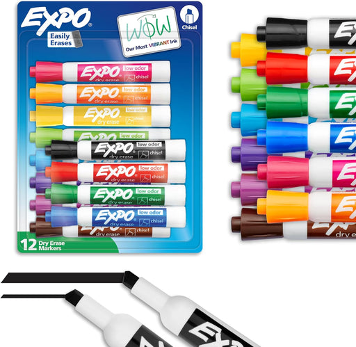 Dry Erase Markers, Low Odor Ink, Assorted Colors, Chisel Tip, 12 Count