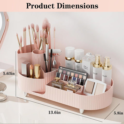 Pink Rotating Vanity Organizer with Brush Holder - Large Spinning Cosmetic Storage, Countertop Makeup & Skincare Organiz