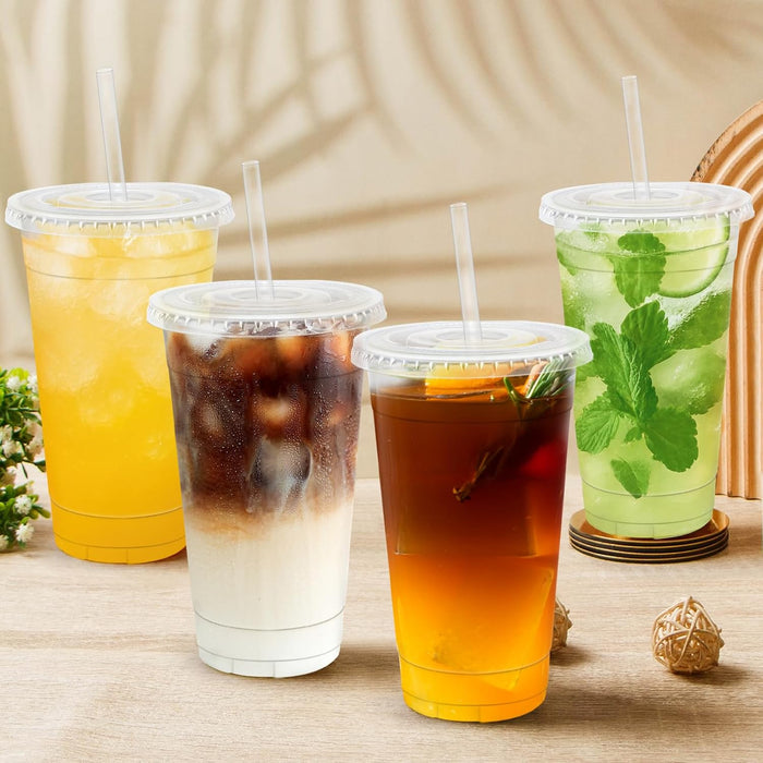 100 Pack 20 oz Plastic Coffee Cups with Lids, Disposable Clear Cups