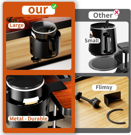 Anti-Spill Large Desk Cup Holder Clamp, Metal Table Cup Holder(Black)