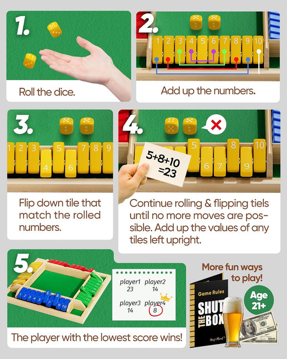 Original Classic Shut The Box Game Wooden Math Dice Board Game 2-6 Players