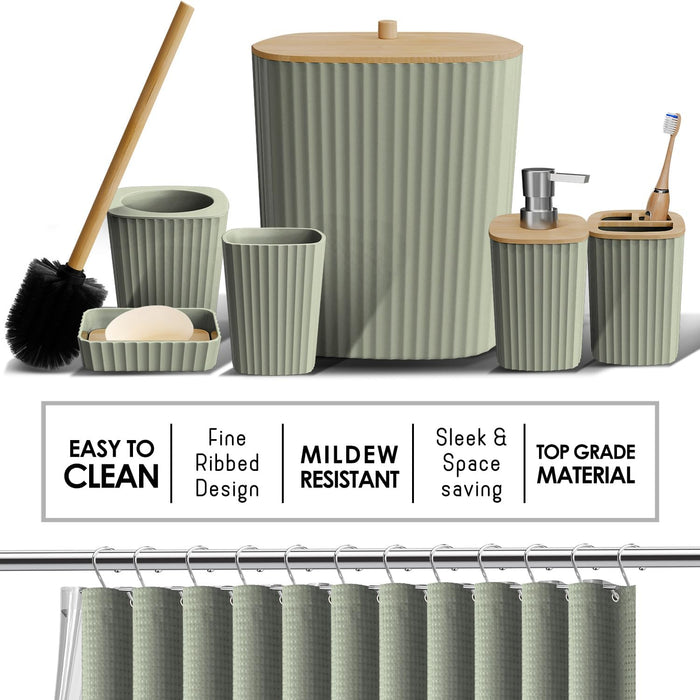 Bathroom Accessories Set - Bathroom Set, Bathroom Accessory Set, Shower Curtain Set, Toilet Brush, Trash Can & Soap Dispenser - Sage Green - 20PC