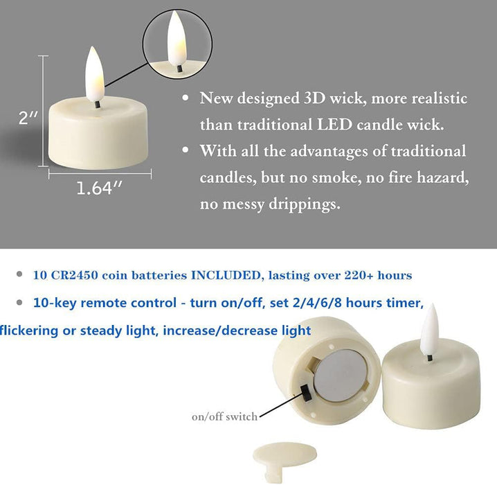 Ivory Flameless Wax Tealights with Remote Batteries, Realistic Flickering LED Tea Votive Candles Set of 10