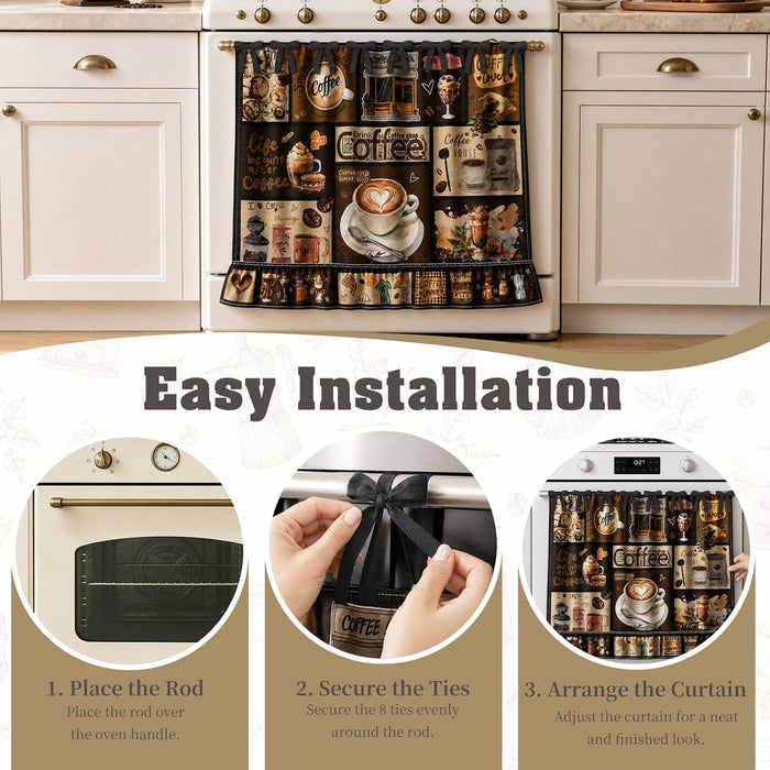 Coffee Bar Farmhouse Oven Skirt Curtain for Stove, Rustic Coffee Lover Tie Top Oven Curtain with Ruffle Trim, Decorative Stove Cover for Cozy Kitchen Decor, Cotton Blend Oven Skirt