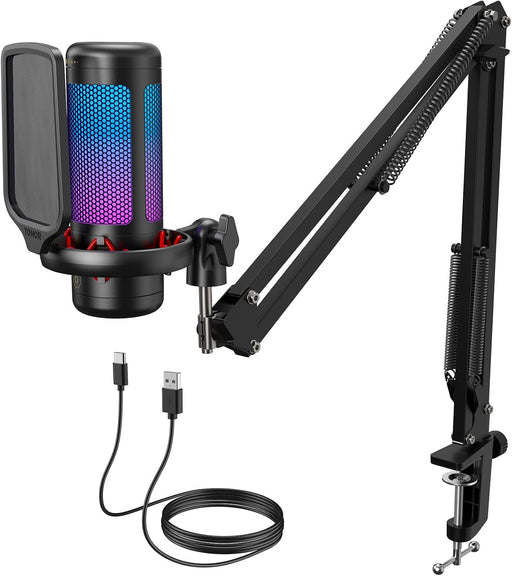 Gaming Microphone Set with Boom Arm, Vocal Condenser Microphone for Content Creators, USB Mic for PC with Stand, RGB, Tap Mute, Gain Control, Gaming Equipemnt, Twitch, Streaming, TC310+