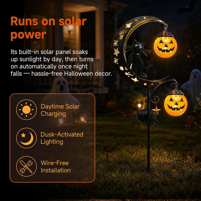 Solar Halloween Pumpkin Light, Black Cat Moon Garden Stake Light with 2 Pumpkin Lanterns, Waterproof Metal Solar Pathway