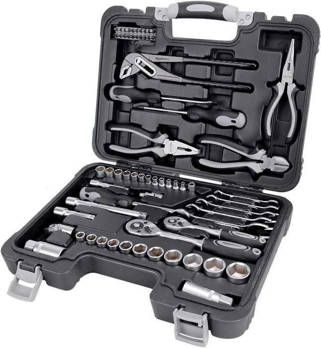 65-Piece General Household Home Repair and Mechanic's Hand Tool Kit Set with Storage Case, Portable, Non-Slip Handles, B