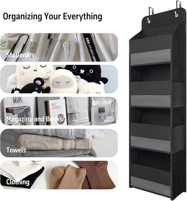 Black Over Door Organizer with 4 Front Pockets and 4 Side Mesh Pockets, Compact Hanging Door Storage for Closet, Bathroom, Bedroom, Dorm, Nursery, Toys, Cosmetics, Baby Essentials
