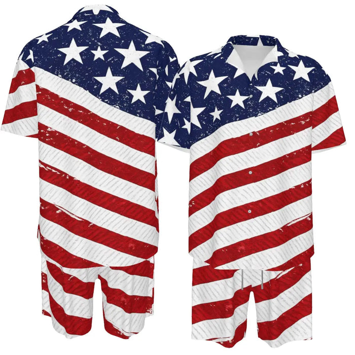 Men'S Fashion 2-Piece Matching Shortsleeve Collared Neck Tropical Set - Casual Stylish Flag Pattern Shirt & Bottoms, Loose Fit, plus Size Hawaiian Patriotic Streetwear for 4Th of July