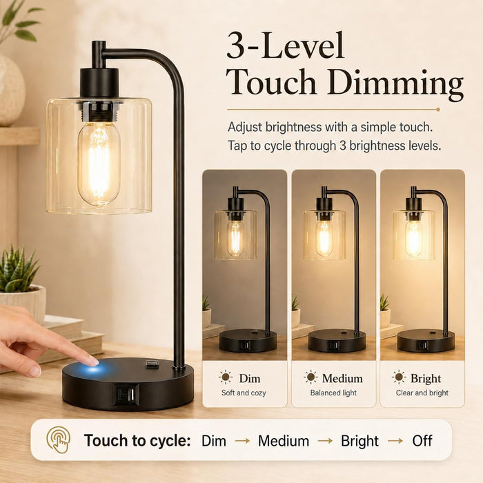 Set of 2 Industrial Touch Control Table Lamps with USB C+A Ports and AC Outlet - 3-Way Dimmable Black Bedside Lamps Nigh