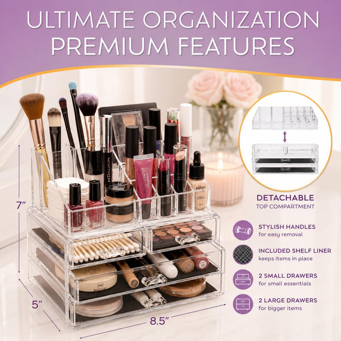 Makeup Organizer Countertop, Cosmetic Display Case, Acrylic Makeup Storage for Vanity, Clear Make-up Organizer for Vanit
