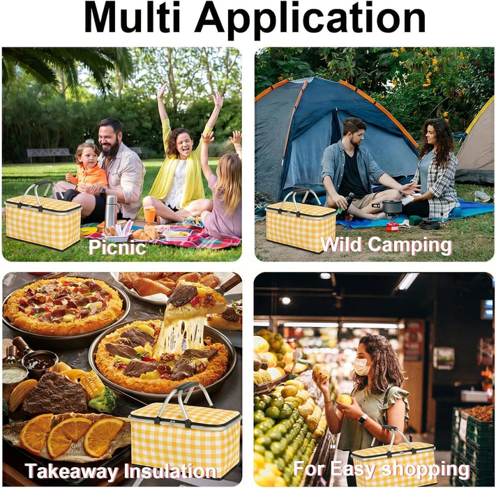 Insulated Picnic Basket, Collapsible Market Basket (Yellow Grid)