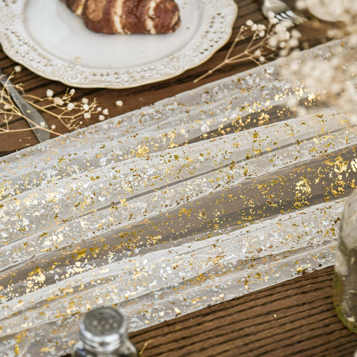 Beige Gold Gauze Table Runner 120 Inch 10FT, Glitter Metallic Foil Sheer Dining Wedding Anniversary Holiday Birthday Tab