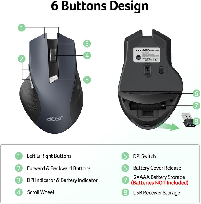 Acer Wireless Mouse for Laptop, 2.4GHz Computer Mouse 3 Adjustable 1600 DPI