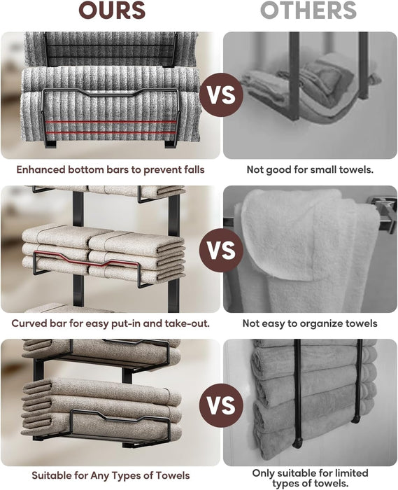 Hanging Towel Racks for Bathroom No Drill - 6-Tier Over The Door Bath Towel Storage Organizer for Small Bathrooms - Tiered Back of Door Towel Holder Hanger for Rolled Towels RV Camper Black