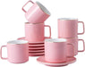 Set of 6 Large 8 (OZ) Americano Cups with Saucer Porcelain Coffee/Tea Cups, Cappuccino/Latte/Espresso/Mocha Cups, Large Coffee/Tea Cups for Specialty Coffee Drinks, (Pink)