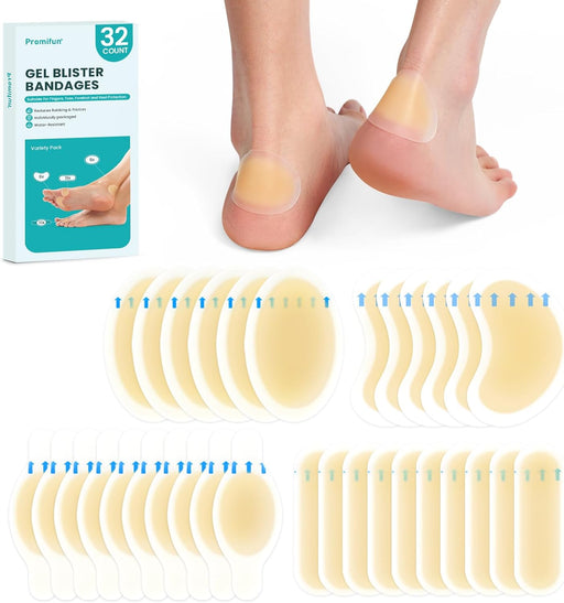 Hydrocolloid Gel Blister Bandages Pads - (Variety Pack) 32ct Waterproof Adhesive Blisters Bandages - Blister Pads for He