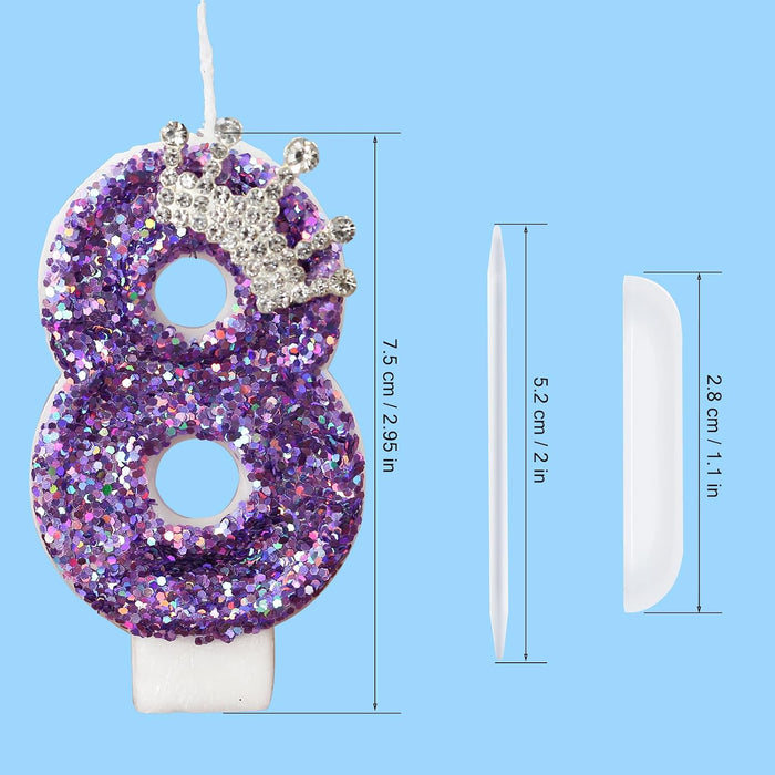 Birthday Number Candles,Purple Crown Birthday Candles for Cake,Glitter Number 8 Candle Cake Topper with Sequins for Anniversary Celebrations Supplies (Number 8)