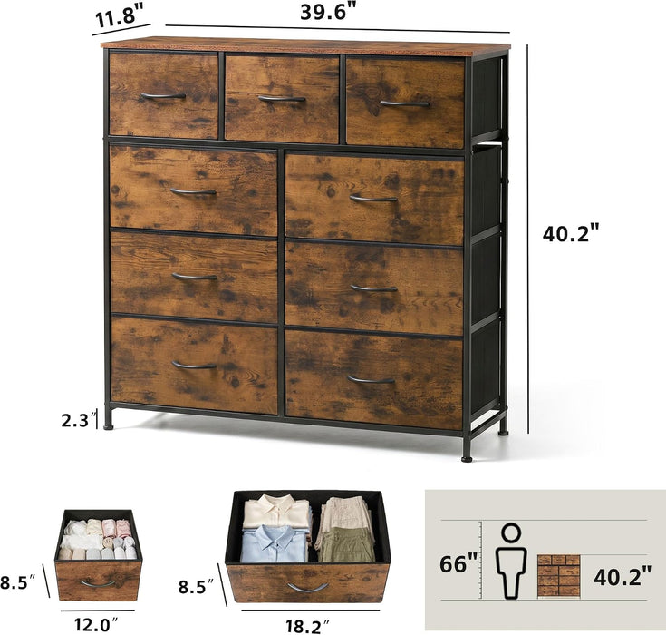 Tall Dresser for Bedroom, 9 Drawer Chest of Drawers, Rustic Brown