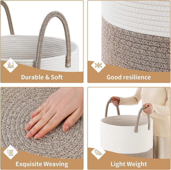 Laundry Basket Hamper Tall Rope Storage Woven for Blanket Toys Dirty Clothes in Living Room Bathroom Bedroom White & Bro