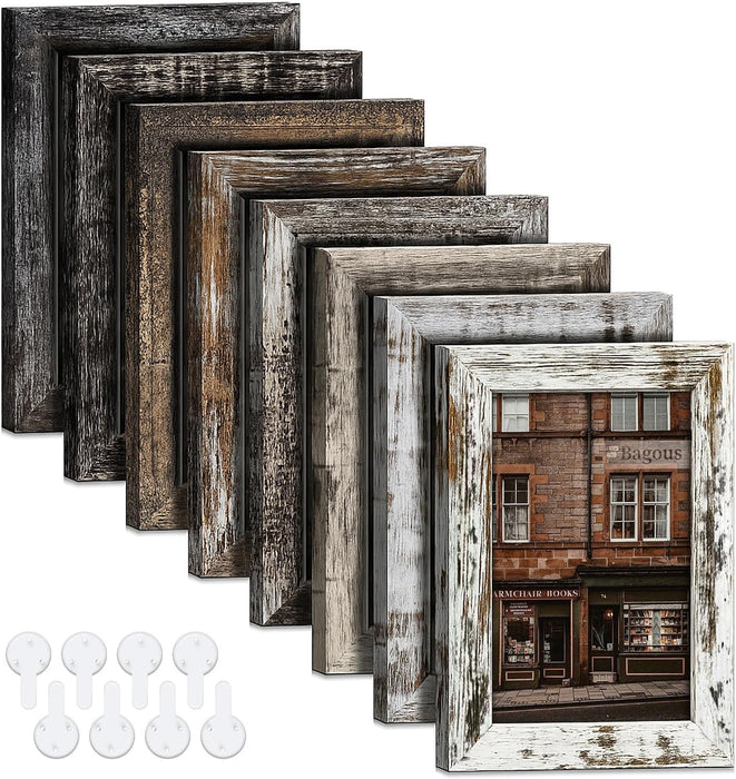 5x7 Picture Frames Set of 8, Vintage Rustic Farmhouse Industrial Style Photo Frames, High Definition Real Glass, for Tabletop or Wall Hanging