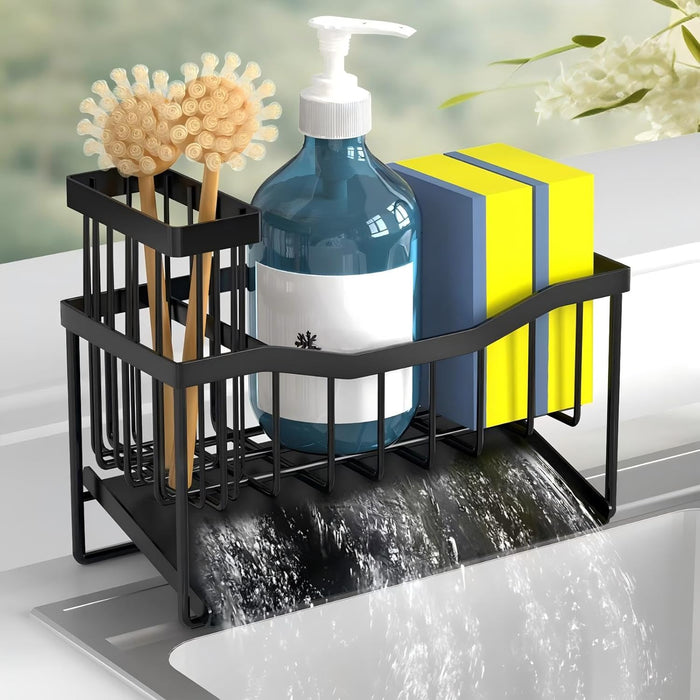 Maifan Sink Caddy Sponge Holder for Kitchen with Brush Holder and Stainless Steel Self Drain Tray, Rustproof Kitchen Sin