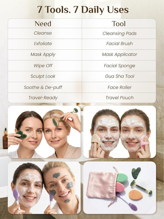 Gua Sha and Face Roller Set: Face Skin Care Tools with Facial Cleansing Brush, 2 Silicone Scrubber Pads & Face Sponge, T